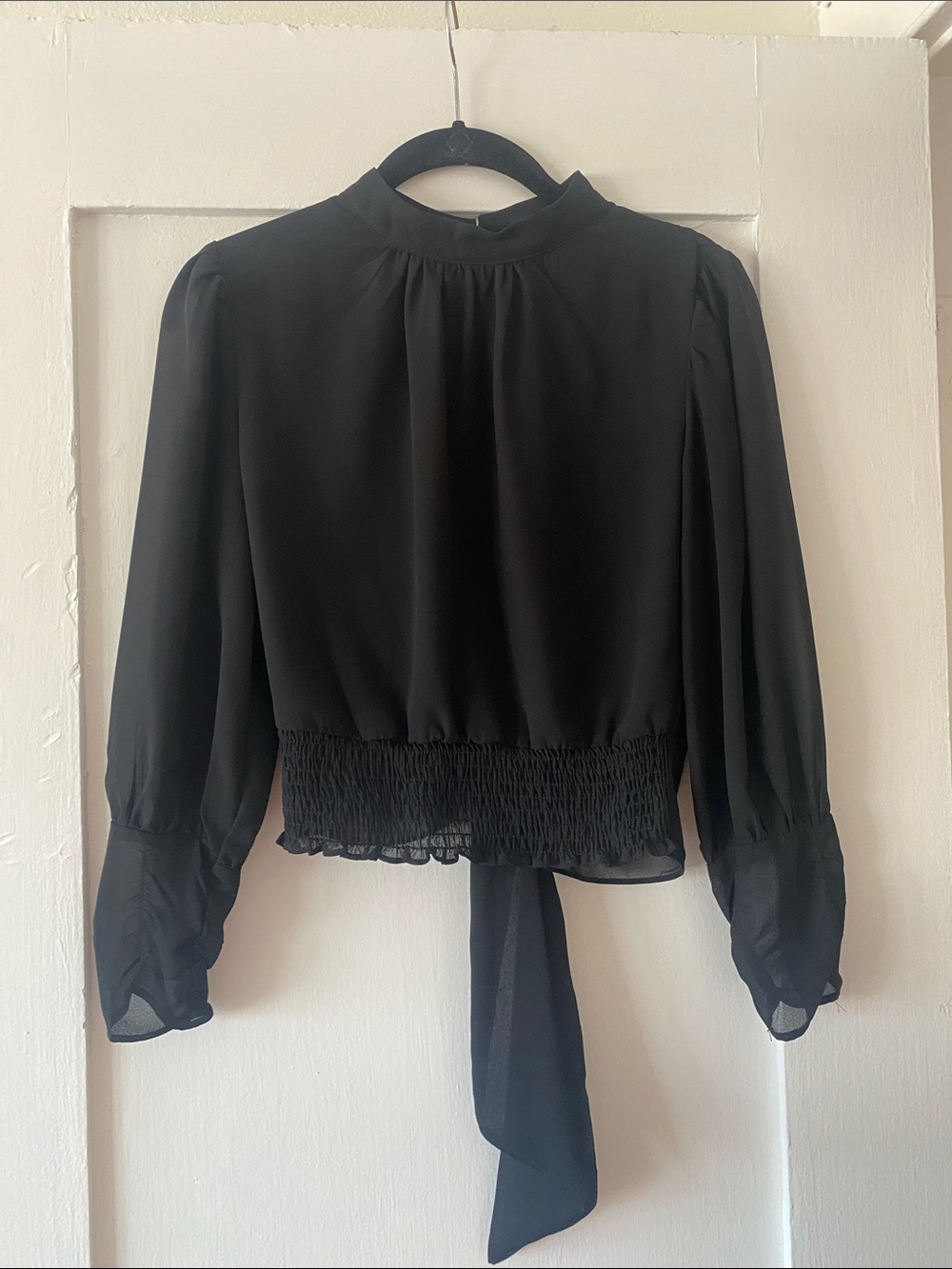 Black Smocked-Hem Long Sleeve Blouse with Open Back